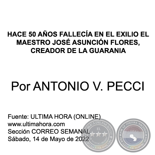HACE 50 AÑOS FALLECÍA EN EL EXILIO EL  MAESTRO JOSÉ ASUNCIÓN FLORES, CREADOR DE LA GUARANIA - Por ANTONIO V. PECCI - Sábado, 14 de Mayo de 2022